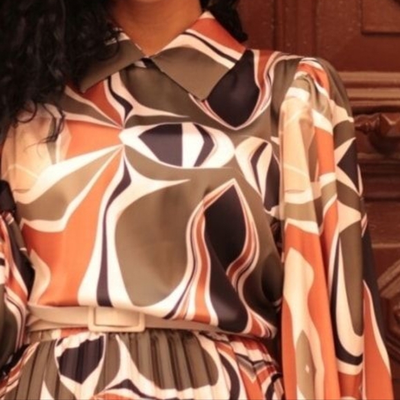 NWT - Classy Dark Olive & Orange Pleated Dress - Picture 4 of 8